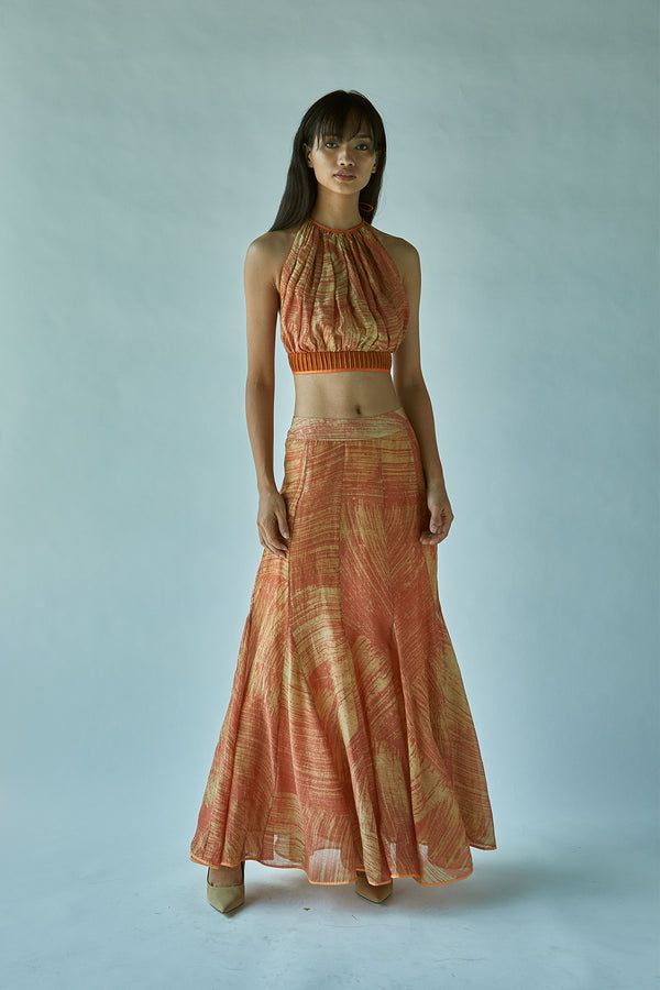 Batik Mermaid Skirt-Rust Orange In Cotton Silk Chanderi