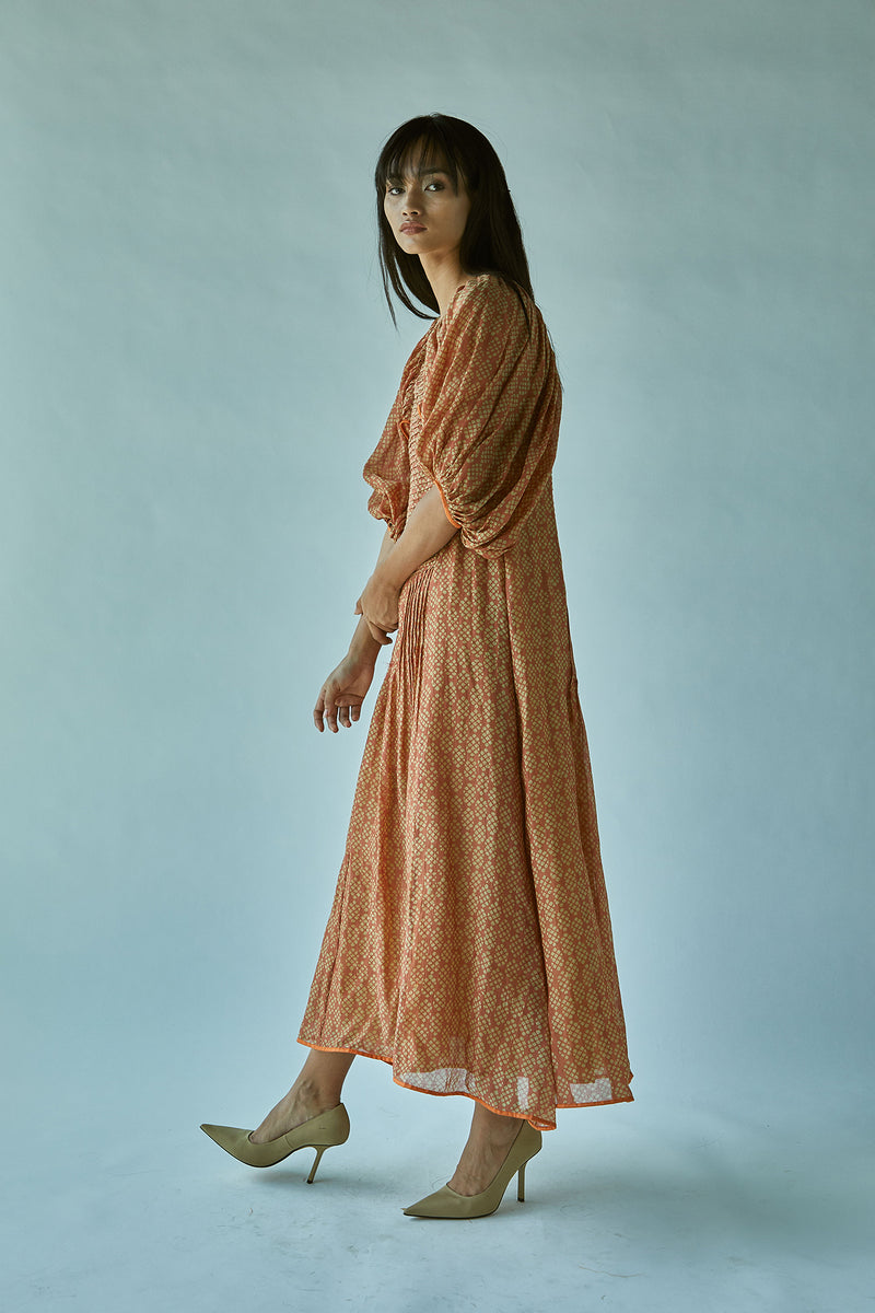 Ballooned Sleeve Batik On Cotton Silk Chanderi Maxi Dress-Rust