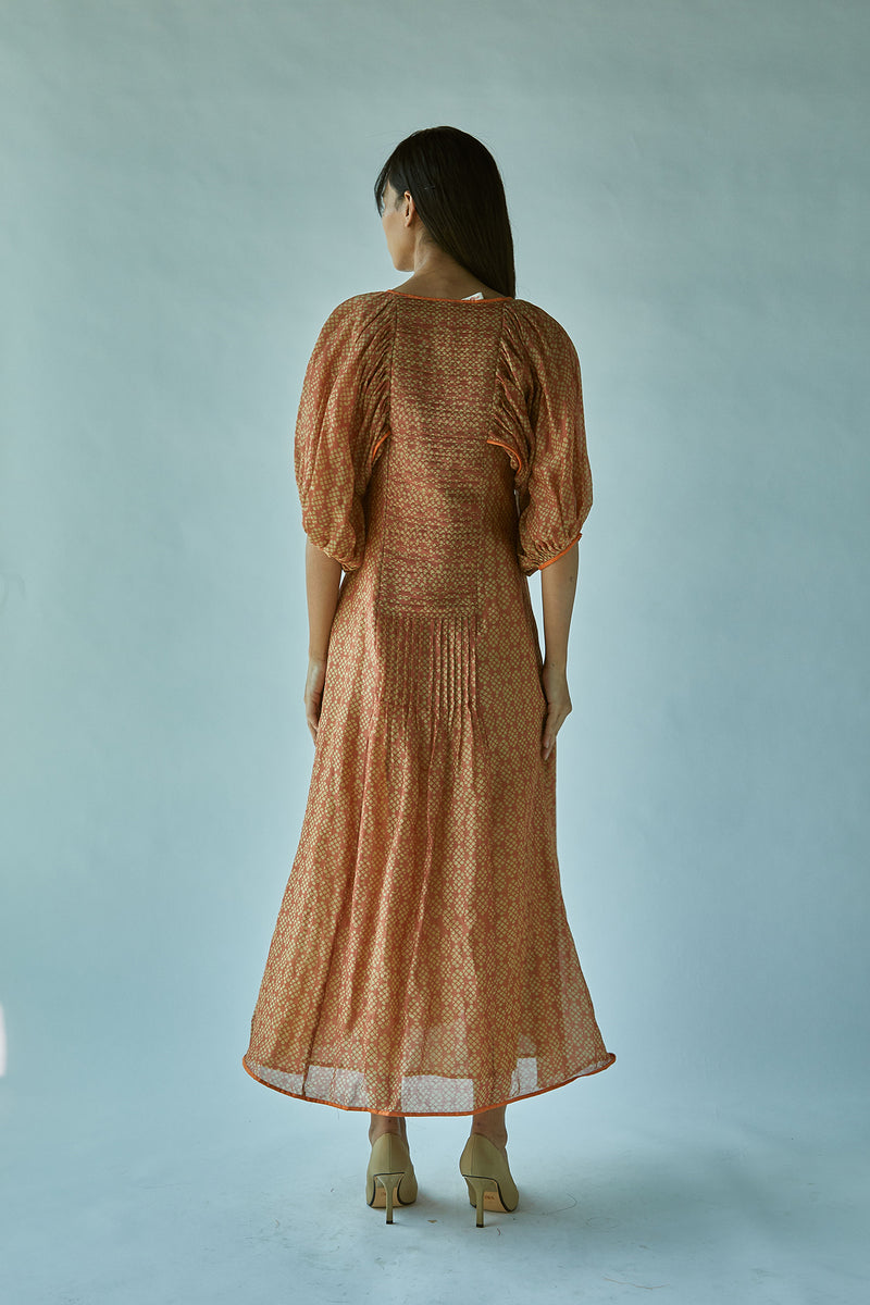 Ballooned Sleeve Batik On Cotton Silk Chanderi Maxi Dress-Rust