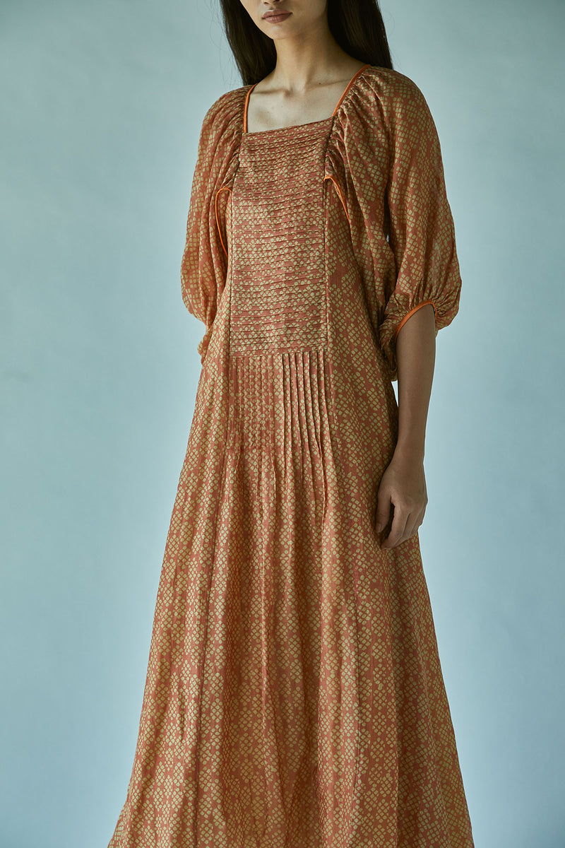 Ballooned Sleeve Batik On Cotton Silk Chanderi Maxi Dress-Rust