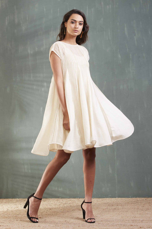 Off White Panelled Dress In Handloom Kota Doria And Cotton Khadi Checks Mulmul