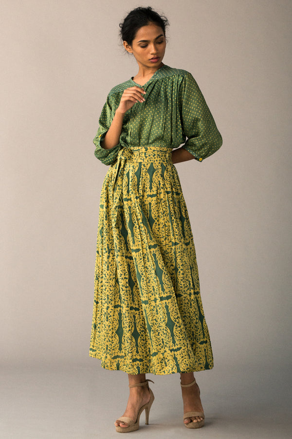 Batik Pleated Silk Skirt In Green-Yellow