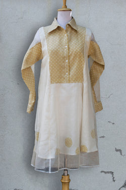 Polka Dotted Yoke Dress In Organic Cotton And Silk Organza