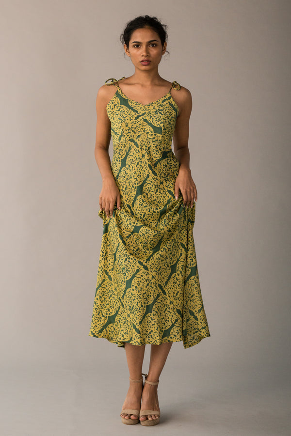 Batik Silk Slip Dress Green - Yellow