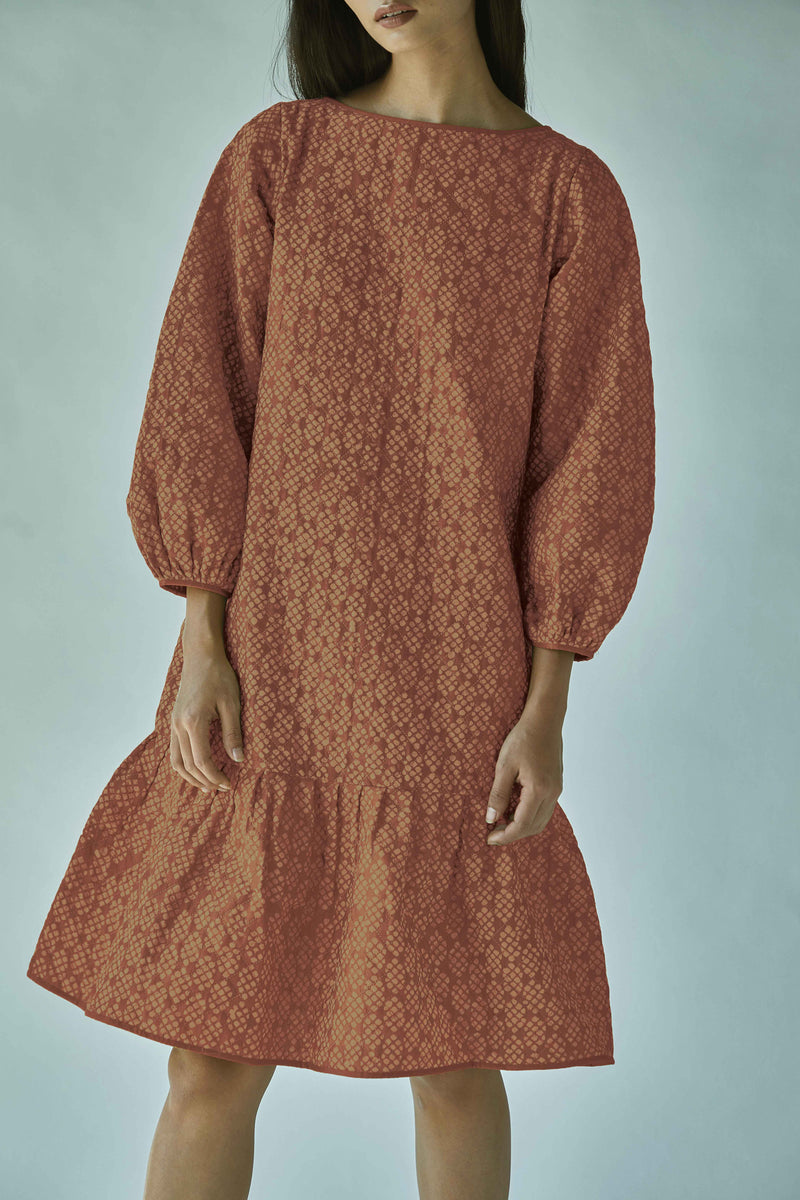 Quilted Batik On Cotton Silk Chanderi Dress-Rust
